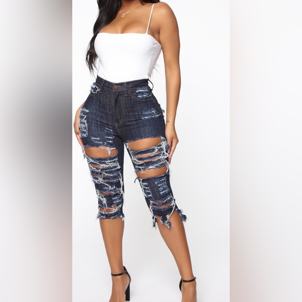 Distressed Dark Denim Knee Shorts